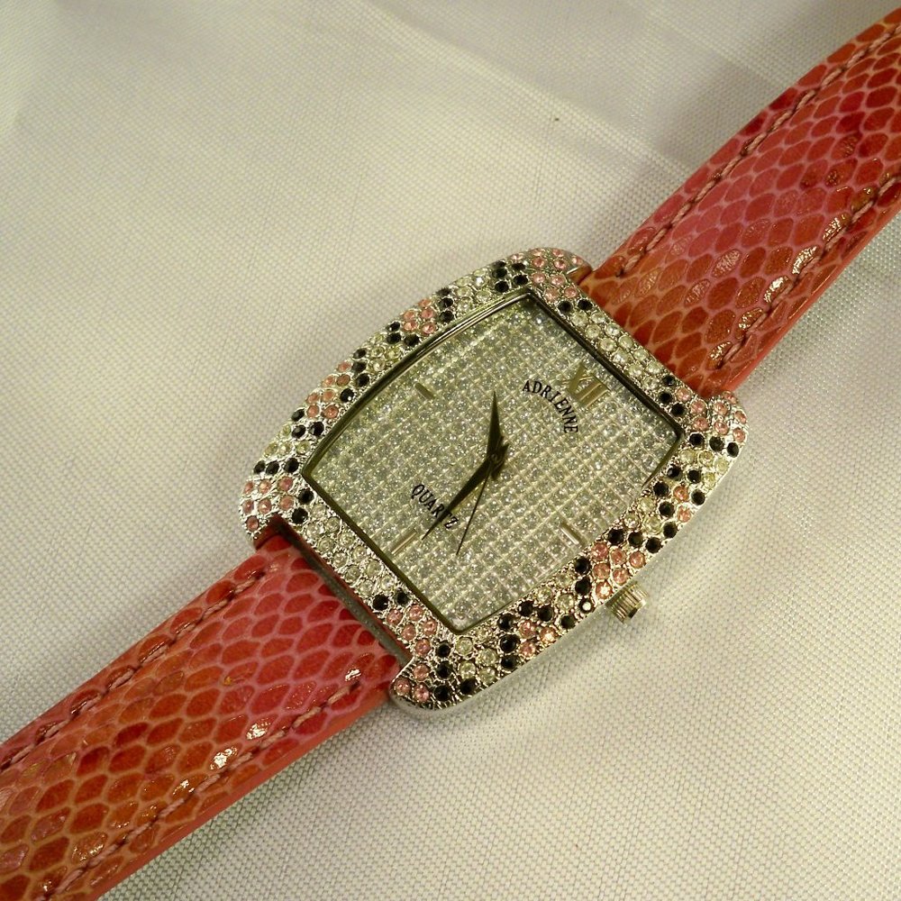 R. C. by Adrienne Black, Pink Crystals Silver *Snakeskin Band Watch